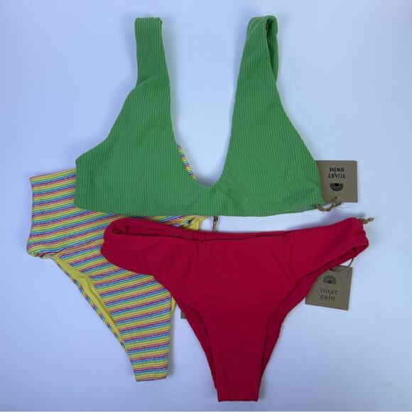 NWT Free People x Toast Swim Bikini Bundle Green, Coral And Rainbow Rib Sz XS - Picture 1 of 11